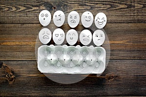 Emotions in communication at social media. Faces drawn on eggs. Happy, smile, sad, angry, in love, saticfied, laughing