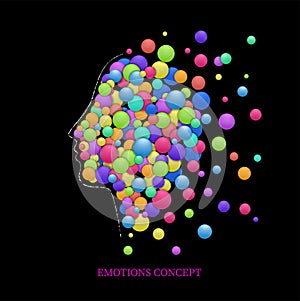 Emotions concept, fulling heads with colored rounds, euphoria idea,