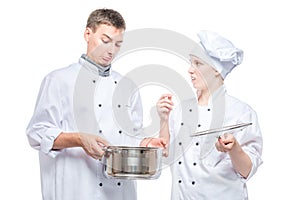 emotions of cooks in relation to foul soup in a pan, a portrait on a white