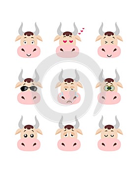 Emotions cow set. Smiling, bored, enamored, sleepy, sad and other cow`s emotions collection.