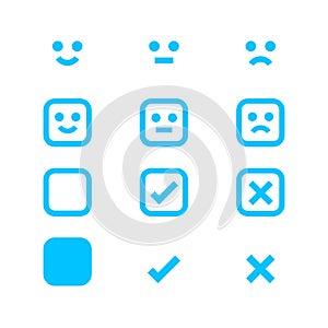 Emotions face light blue icon, emotional symbol and approval check sign button, red emotions faces and check mark x or confirm and