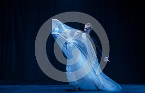 Graceful balerina in image of ghost bride with patner in art ballet performance isolated over dark background. photo