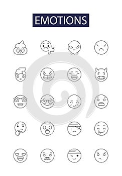 Emotions line vector icons and signs. Joy, Fear, Love, Hate, Anxiety, Surprise, Sadness, Disgust outline vector