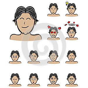 emotions man middle parting hair male character. Handsome man emoji with various facial expressions. illustration in