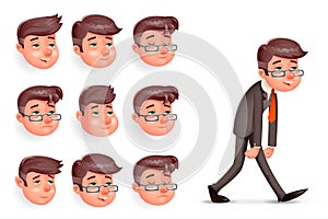 Emotions Pleased Happy Satisfied Tired Weary Fatigue Melancholy Sad Businessman Walk Cartoon Design Character Vector