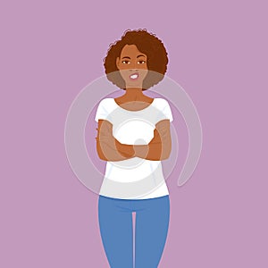 Emotions. Pretty young adult black woman in casual clothes with hair in Afro style