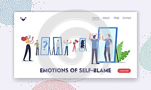 Emotions and Self-Blame, Self Anger, Loathing, Low Esteem Landing Page Template. Unhappy Characters Look in Mirror