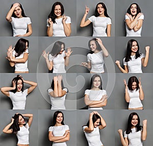 Emotions set of young woman at studio background