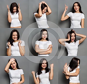 Emotions set of young woman at studio background