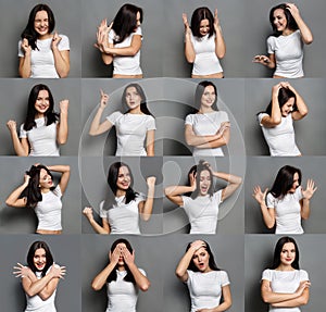 Emotions set of young woman at studio background