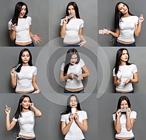 Emotions set of young woman at studio background