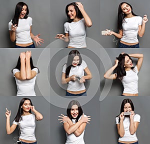 Emotions set of young woman at studio background