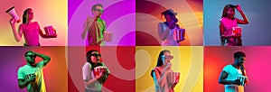 Emotive collage of an ethnically diverse young people in 3D glasses with popcorn backet isolated over multicolored