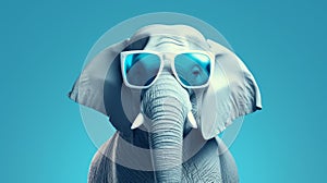 Emotive Elephant Wearing Sunglasses On Blue Background