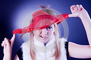 Emotive girl with panties on the head