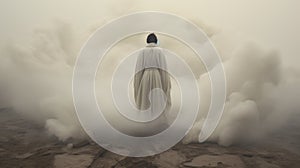 Emotive Surreal Character Study: Man In White Robe Standing In Cream Fog