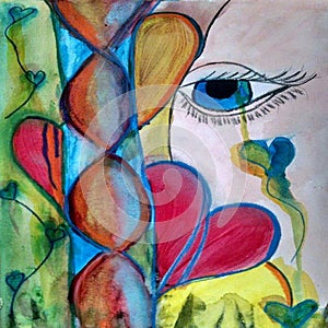 Emotive Watercolor Sketch Mixed Media Chalk Composition Abstract Heart Emotive Falling Heart Teardrops of Love