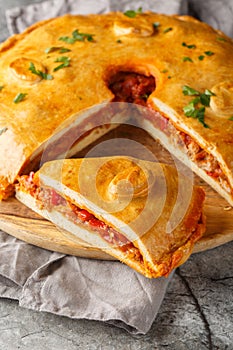 Empanada Gallega large two-crusted savory pie from Galicia filled with meat, red peppers, tomato and lots of onion closeup on the