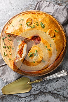 Empanada gallega is a traditional savory pie from the Spanish filling is with meat, bell pepper, tomato and onion closeup on the