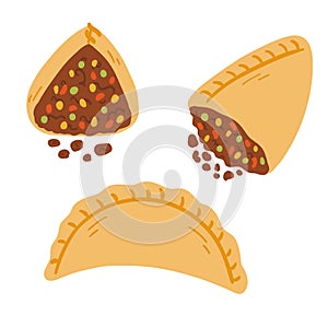 Empanadas in cartoon flat style. Hand drawn vector illustration of traditional Latino America food, folk cuisine