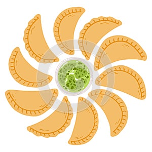 Empanadas in cartoon flat style. Hand drawn vector illustration of traditional Latino America food, folk cuisine