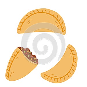 Empanadas in cartoon flat style. Hand drawn vector illustration of traditional Latino America food, folk cuisine