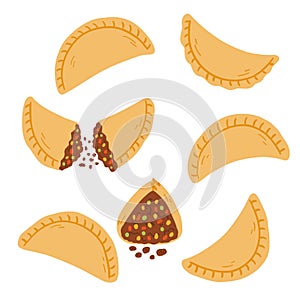 Empanadas in cartoon flat style. Hand drawn vector illustration of traditional Latino America food, folk cuisine