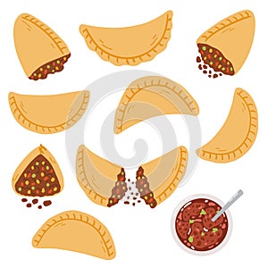 Empanadas in cartoon flat style. Hand drawn vector illustration of traditional Latino America food, folk cuisine