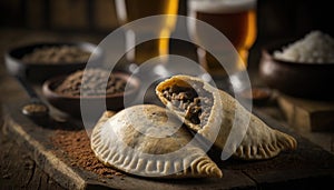 Empanadas De Carne On Stone, Blurred Background, Rustic Pub. Generative AI photo