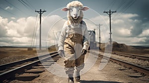 Empathetic Sheep On Train Tracks: A John Wilhelm Inspired Artwork