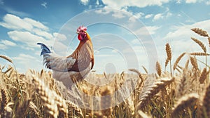 Empathetic Villagecore: Rooster Grazing In Wheat Field