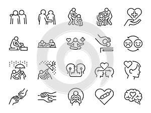 Empathy line icon set. Included the icons as cheer up, friend, support, emotion, mental health and more.