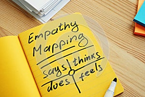 Empathy mapping. Note pad with map. photo