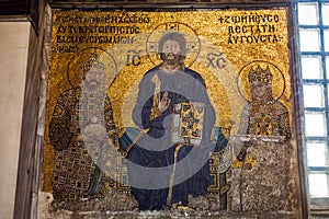 Emperor Constantine, Jesus Christ and Empress Zoe. A Byzantine mosaic in the interior of Hagia Sophia