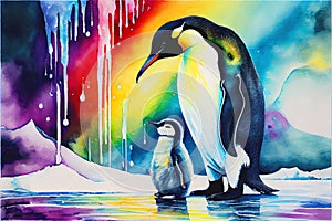 Emperor Penguin and baby chick rainbow Aurora Borealis Northern lights