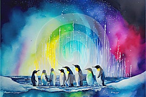 Emperor Penguin birds colony group Penguins watercolor