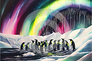 Emperor Penguin birds colony group Penguins watercolor