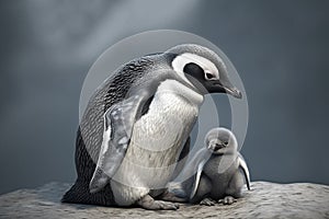 An Emperor Penguin with chick at the Emperor Penguin Colony