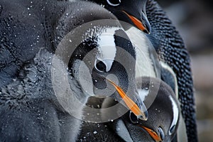 Emperor penguin family close up against snowfall background