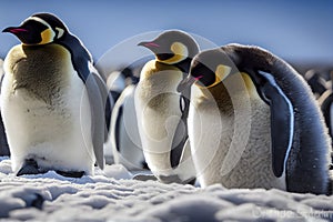 Emperor Penguin family with a fluffy baby, in snowy Antarctic, generative ai