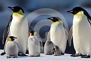 Emperor Penguin family with a fluffy baby, in snowy Antarctic, generative ai