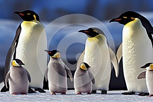 Emperor Penguin family with a fluffy baby, in snowy Antarctic, generative ai