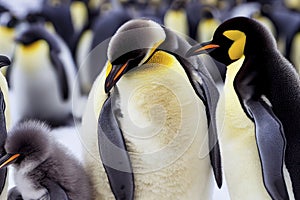 Emperor Penguin family with a fluffy baby, in snowy Antarctic, generative ai