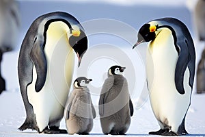 emperor penguin family keeps eye on their little fluffy cubs