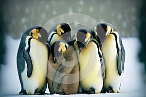 Emperor penguin family snuggled up against each other and warmed their babies