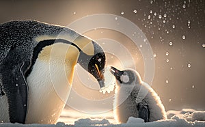 An emperor penguin feeding her chick in snow generative AI