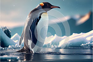 Emperor penguin standing in icy frozen water