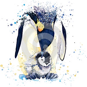 Emperor penguin T-shirt graphics. emperor penguin illustration with splash watercolor textured background. unusual illustration wa