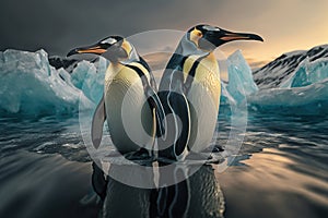 Emperor Penguins (Aptenodytes forsteri) on melting iceberg. Photorealistic image created by artificial intelligence