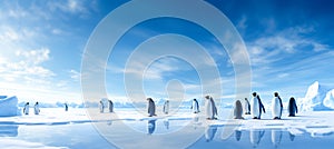 Emperor Penguins on the ice. north pole arctic with group penguins landscape